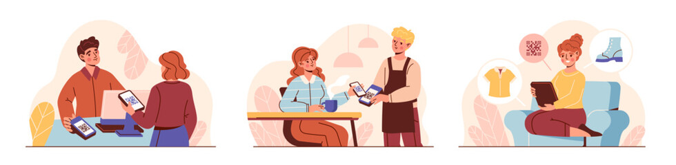 Pay with qr code concept. Cashless and contactless payment system. Men and women pay for coffee in restaurant and make purchases in store or online using app on smartphone. Cartoon flat vector set