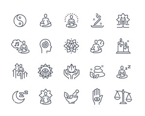 Set of Meditation Related Line Icons. Psychological balance, mental health, yoga and lotus pose. Design elements for apps. Editable Stroke. Cartoon flat vector collection isolated on white background
