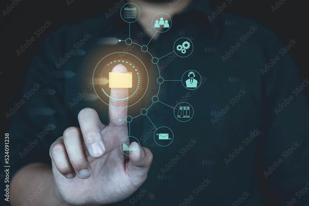 Poster businessman working on virtual innovation screen, data operations management, tooling for business d