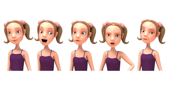 3D illustration of a girl in 5 facial expressions