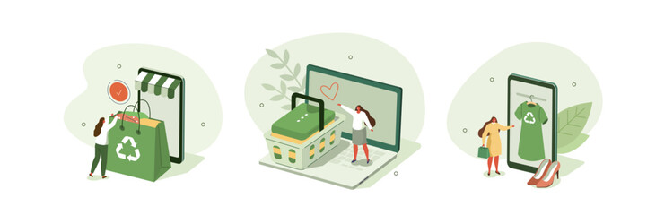 Sustainable fashion illustration set. Characters buying recycling eco friendly textile and selling or donating vintage clothes on online flea market or second hand. Vector illustration.