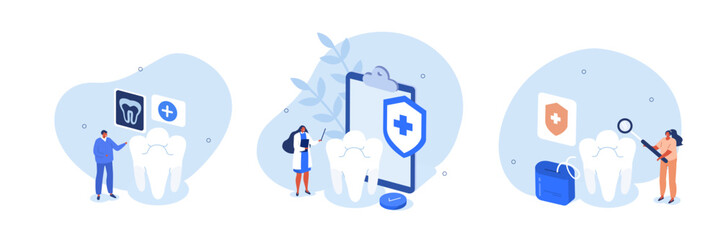 Dental care illustration set. Doctor dentist and medical staff taking care about teeth. Professional teeth cleaning, treatment and oral hygiene. Health dental insurance concept. Vector illustration. - obrazy, fototapety, plakaty