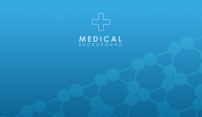 the inscription medical background and a medical cross on a gradient blue background and elements of the connection of molecules