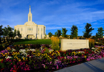 Pocatello Idaho LDS Mormon Temple Sky Clouds Flowers and Trees
