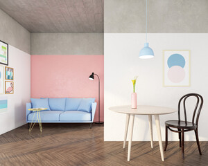 Minimalist living room with light blue sofa and wood table set, pink pastel wall and wood floor.3d rendering