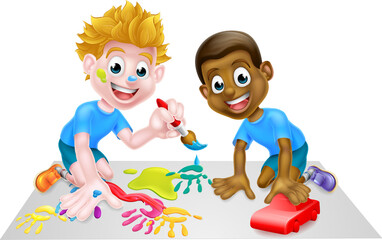 Obraz na płótnie Canvas Boy Kids Playing With Toy Car and Paints