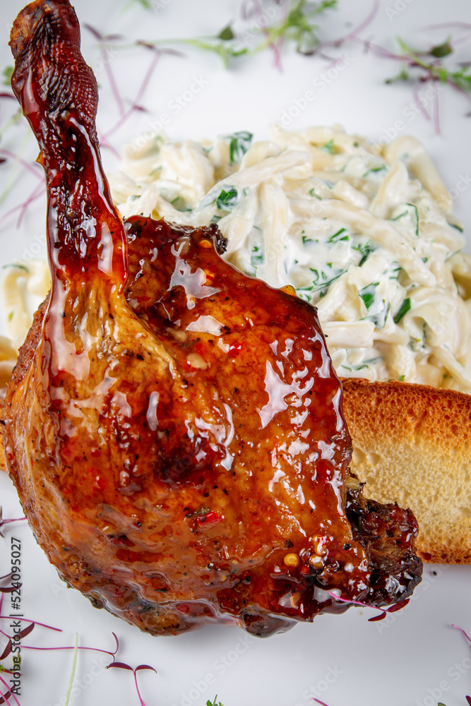 Poster Smoked roasted rabbit leg. Served with mousse Three cheese, crusty bread with herbs, roasted zucchini - Posters
