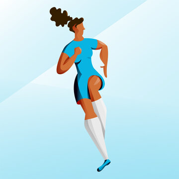 Woman football player vector illustration in flat style, a woman running, female soccer player in action at the football match 