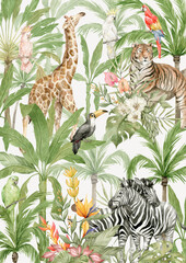Watercolor composition with African animals and natural elements. Zebras, giraffe, tiger, parrots, palm trees, flowers. Safari wild creatures. Jungle, tropical illustration for nursery wallpaper - 524096234