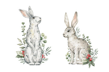 Watercolor cute rabbits, hares, plants. Forest baby animals, berries, pines, leaves. Wild woodland, nature scene. Wildlife creatures