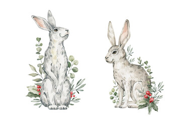 Obraz premium Watercolor cute rabbits, hares, plants. Forest baby animals, berries, pines, leaves. Wild woodland, nature scene. Wildlife creatures