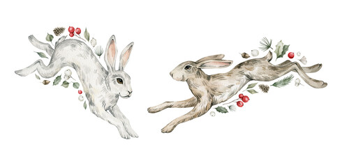 Watercolor cute rabbits, hares, plants. Forest baby animals, berries, pines, leaves. Wild woodland, nature scene. Wildlife creatures