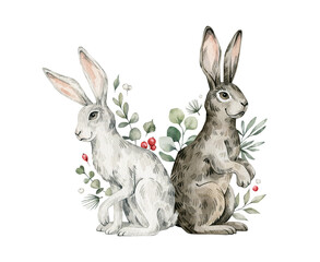 Obraz premium Watercolor cute rabbits, hares, plants. Forest baby animals, berries, pines, leaves. Wild woodland, nature scene. Wildlife creatures