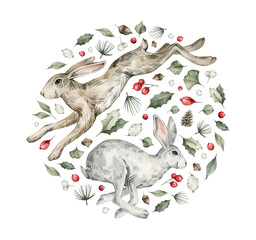 Watercolor cute rabbits, hares, plants. Forest animals, berries, pines, leaves. Wild woodland, nature scene. Wildlife creatures. Christmas card