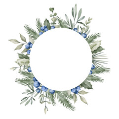 Watercolor frame with green eucalyptus, holly leaves, twigs, winter blueberries. Floral wreath, botanical wedding invitation. 