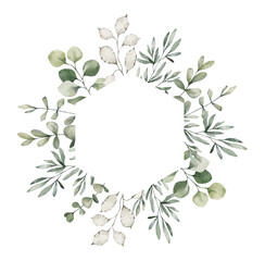 Naklejka premium Watercolor frame with green eucalyptus, leaves, twigs. Floral wreath, botanical wedding invitation. 