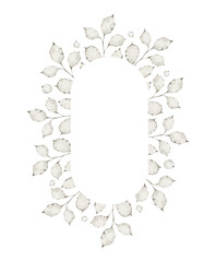 Watercolor frame with white eucalyptus leaves, twigs, winter branches. Floral wreath, botanical wedding invitation. 