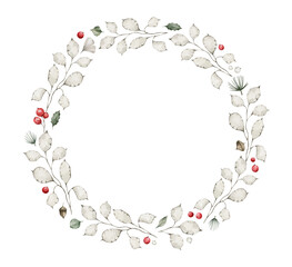 Watercolor frame with white eucalyptus leaves, twigs, winter berries. Floral wreath, botanical wedding invitation. Ethereal leaves, branches