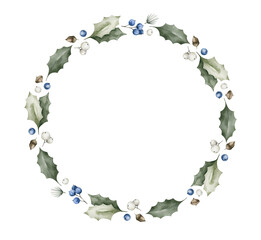 Watercolor frame with green holly leaves, twigs, winter berries. Floral wreath, botanical wedding invitation.