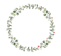Obraz premium Watercolor frame with green eucalyptus leaves, twigs, winter berries. Floral wreath, botanical wedding invitation. 