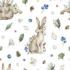 Watercolor seamless pattern with cute rabbits and plants. Wild animals, leaves, berries. Hand-drawn adorable hare, bunny. Wildlife background