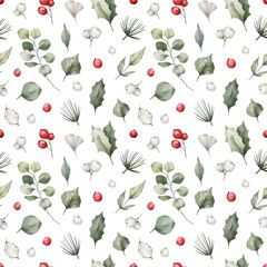Watercolor seamless pattern with wild leaves, berries. Wild winter plants, twigs. Christmas nature floral background