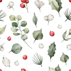 Watercolor seamless pattern with wild leaves, berries. Wild winter plants, twigs. Christmas nature floral background