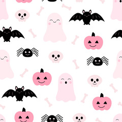 Seamless pattern cute pink ghosts pumpkin Halloween vector illustration