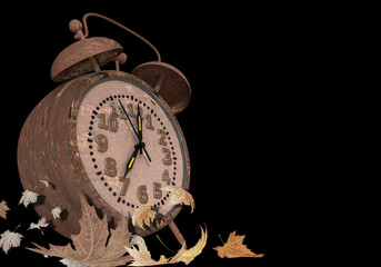 clock rusty  old  analog autumn leaves end isolated - 3d rendering