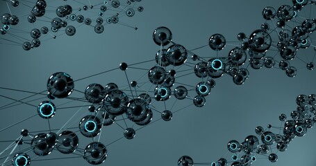 Abstract background design using pattern of interconnected metal particles in bright blue and black color, diagonally lined particle set, gray gradient background, 3d rendering, and 4K size