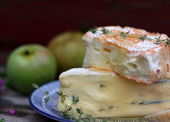 Still life with French cheese. Soft cheese close up photo. French appetizer on a plate. 
