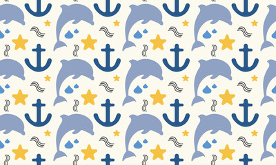 Sea Theme Seamless Pattern, Dolphin And Anchor Illustration For Gift Printing And Other Textile Supplies