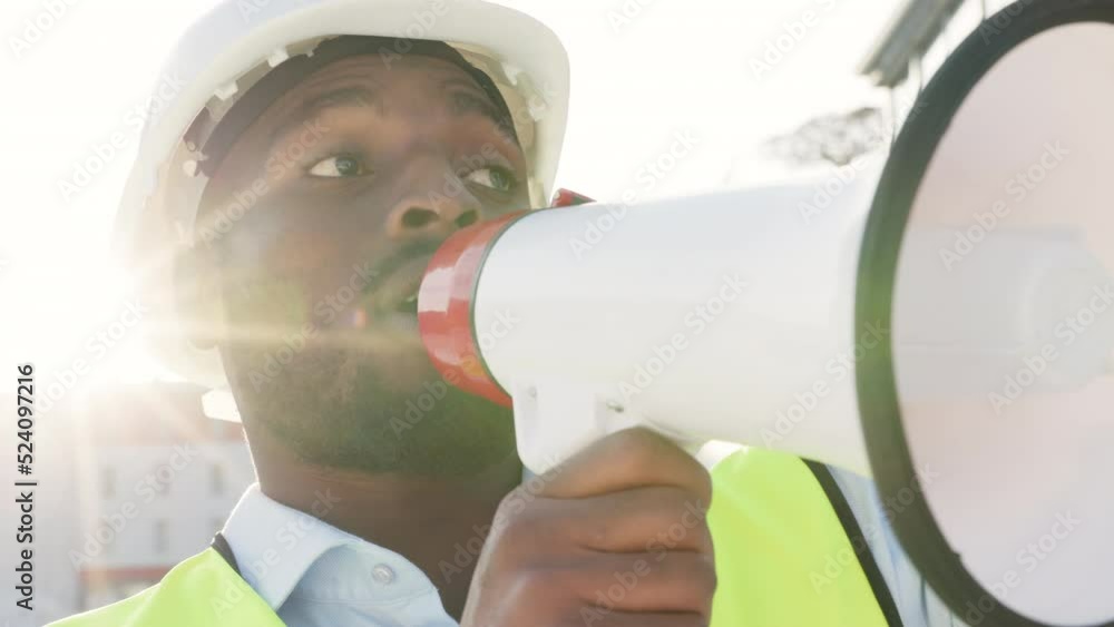 Poster megaphone in hand of a construction worker, builder or engineer on a building site for renovation an