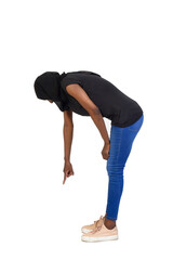 woman pointing the finger towards the ground over white background