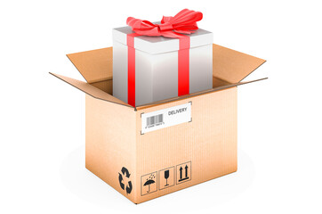 Gift box inside cardboard box, delivery concept. 3D rendering