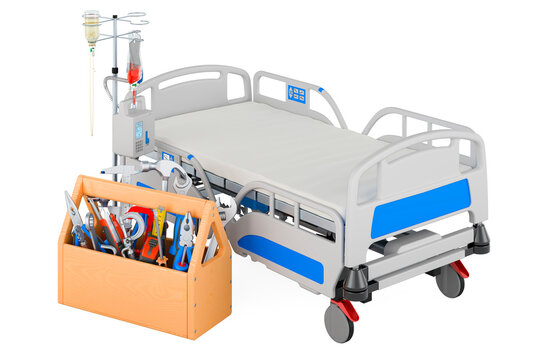 Adjustable Hospital Bed With Tool Box. Service And Repair Of Adjustable Hospital Beds, 3D Rendering