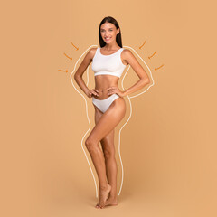 Bodycare and sculpting concept. Female model in white top bra and panties posing on beige studio...