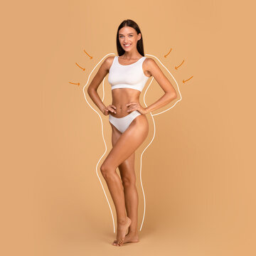 Bodycare and sculpting concept. Female model in white top bra and panties posing on beige studio background