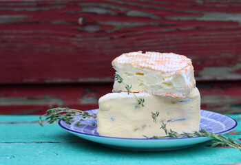 Close up photo of mild cheese. Delicious French cheese on a plate. 