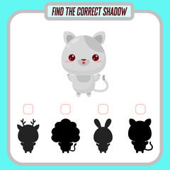 Find the right shadow. Cute cartoon cat. Educational game with animals. Logic games for children with an answer. A training card with a task for preschool and kindergarten children