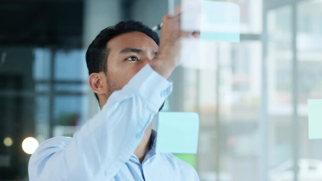 Serious entrepreneur writing on sticky notes and planning a startup business project inside a modern office. Pensive businessman thinking of a creative idea and on a transparent board or wall alone