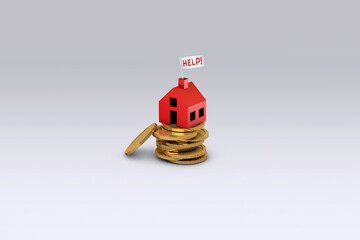 A red house balanced on a pile of gold coins with a Help! flag flying from the chimney, reflecting...