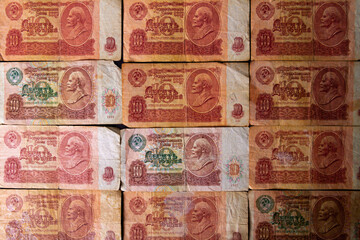 Soviet money. Old banknotes of Russia. Money fund. Payment in rubles.