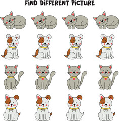 Find gray cat or dog which is different from others. Worksheet for kids.