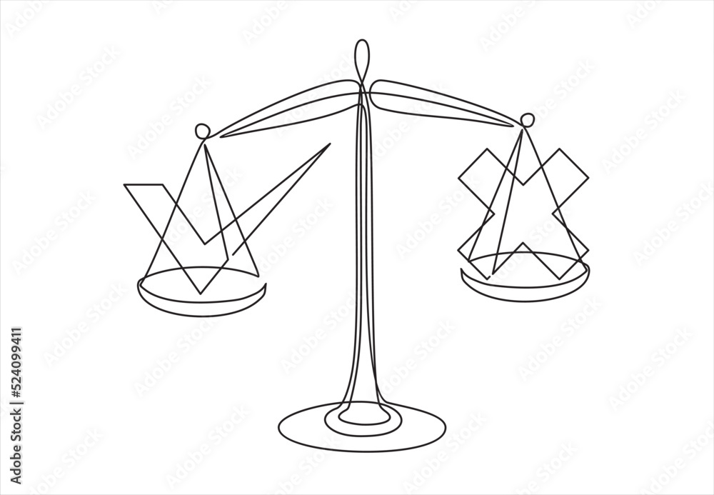 Poster continuous line drawing of badges yes and no on scales. check marks list icons yes or no.