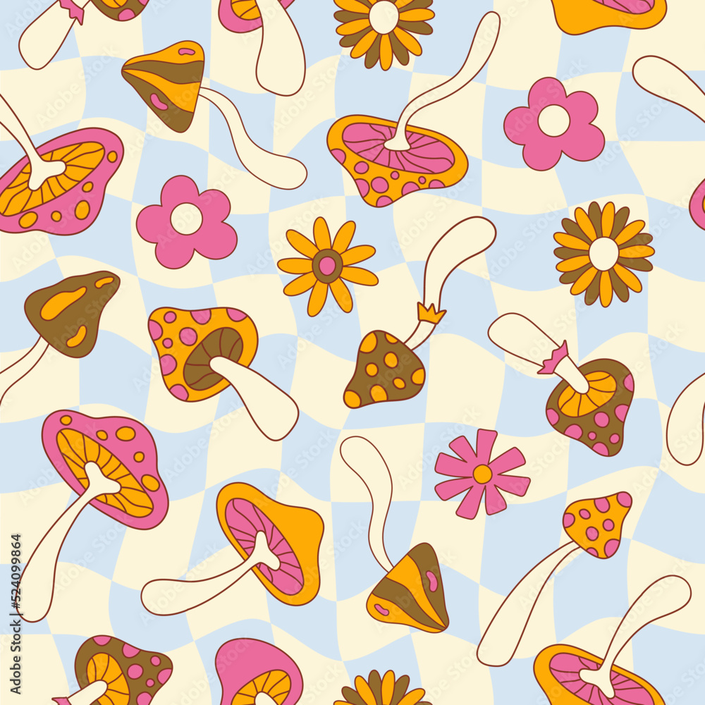 Aufkleber retro groovy seamless pattern with cute flowers and mushrooms on a checkered background. vector illu