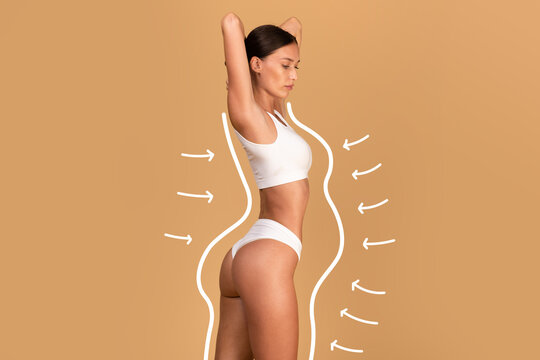 Liposuction concept. Drawn outlines with arrows around fit lady in white underwear, slender woman with perfect figure