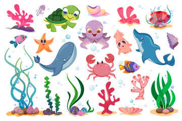 Flat cute sea animals, marine plants and fishes. Ocean life with funny characters of turtle, octopus, starfish, crab and squid. Happy dolphin and whale. Underwater reef, corals, shells and seaweed set - obrazy, fototapety, plakaty