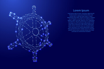 Ship's steering wheel from futuristic polygonal blue lines and glowing stars for banner, poster, greeting card. Vector illustration.