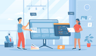 Front end development. Website interface, front end developer, web page design, user experience. Flat cartoon vector illustration with people characters for banner, website design or landing web page